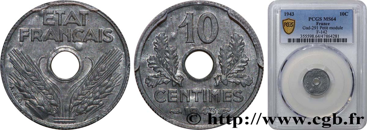 10 centimes État français, petit module 1943  F.142/2 MS64 PCGS