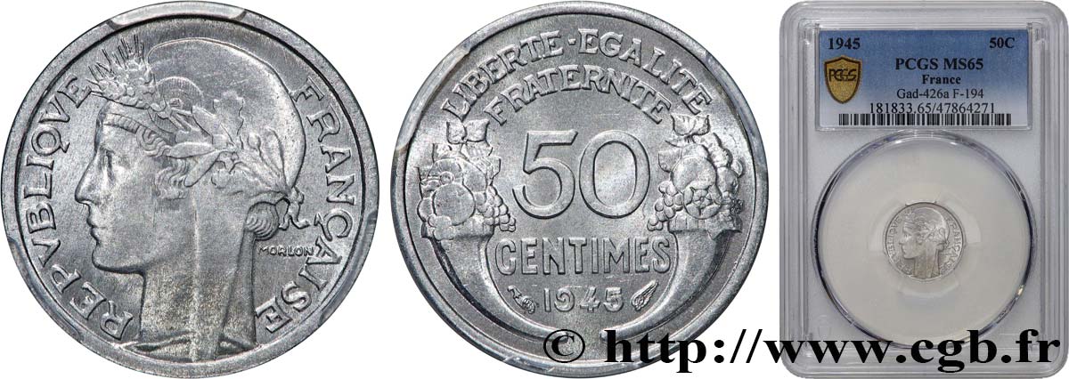 50 centimes Morlon, légère 1945  F.194/5 FDC65 PCGS