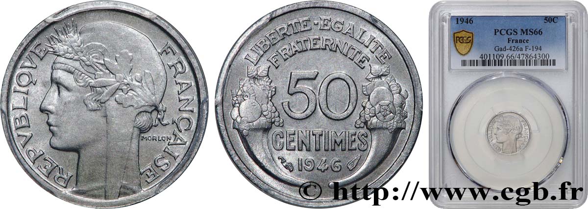 50 centimes Morlon, légère 1946  F.194/8 FDC66 PCGS