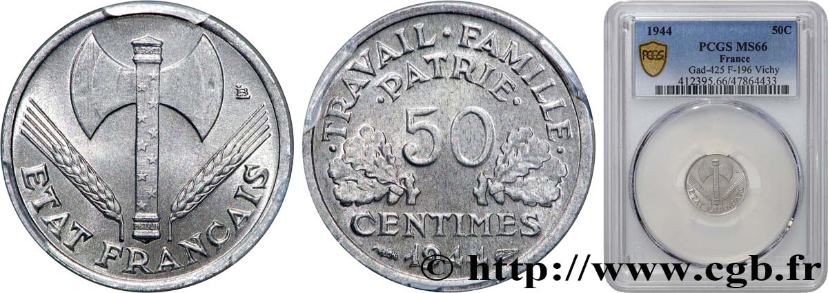 50 centimes Francisque, légère 1944  F.196/4 MS66 PCGS