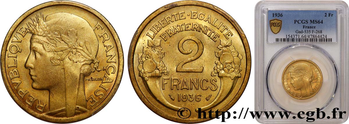 2 francs Morlon 1936  F.268/9 fST64 PCGS