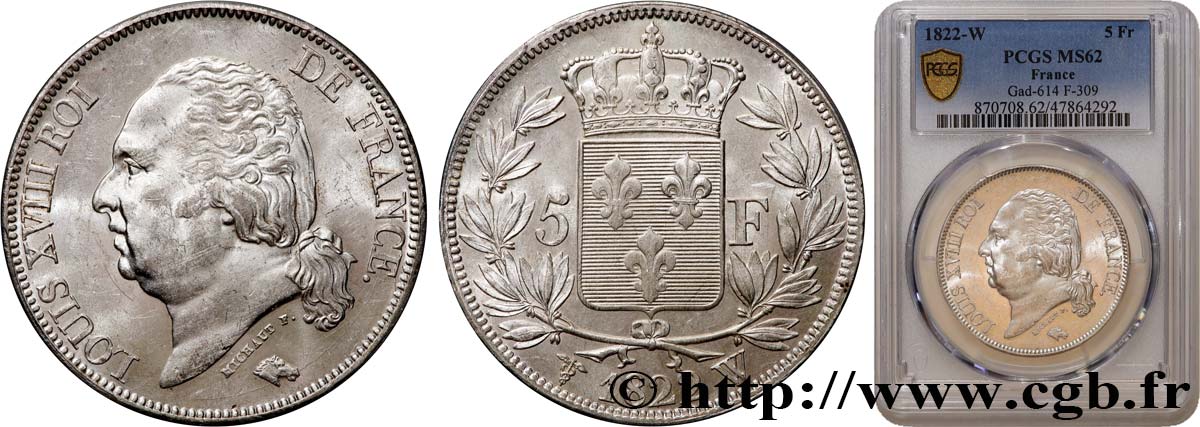 5 francs Louis XVIII, tête nue 1822 Lille F.309/75 EBC62 PCGS