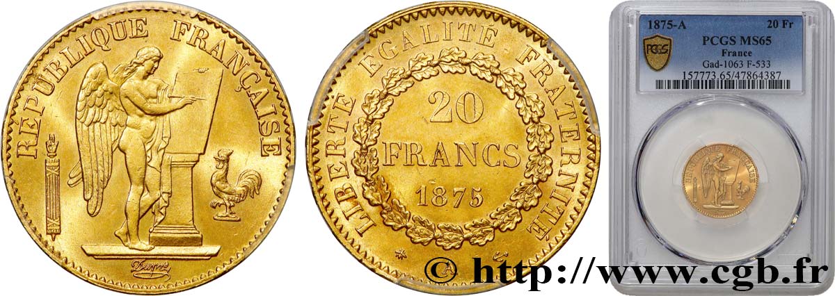 20 francs or Génie, Troisième République 1875 Paris F.533/3 MS65 PCGS