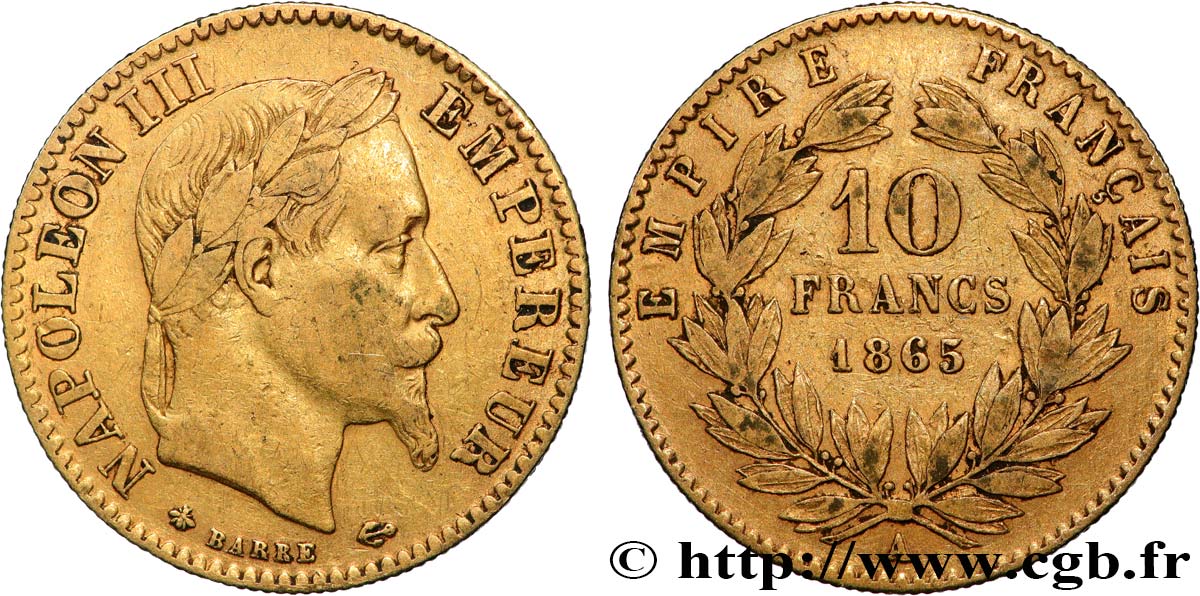 10 francs or Napoléon III, tête laurée 1865 Paris F.507A/9 TB 