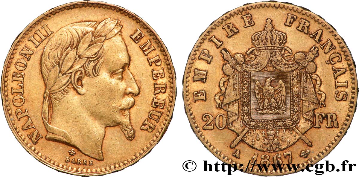 20 francs or Napoléon III, tête laurée 1867 Paris F.532/15 TTB 