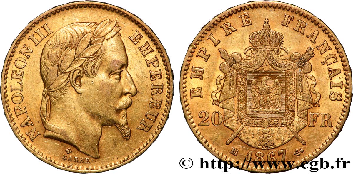 20 francs or Napoléon III, tête laurée 1867 Strasbourg F.532/16 TTB+ 