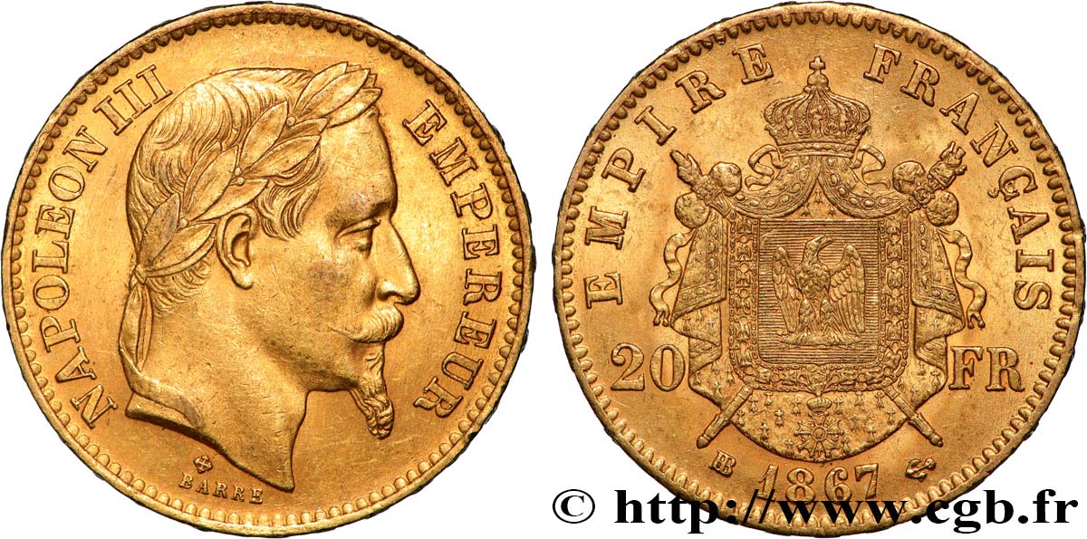 20 francs or Napoléon III, tête laurée 1867 Strasbourg F.532/16 TTB53 