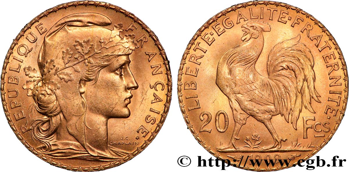 20 francs or Coq, Liberté Égalité Fraternité 1909 Paris F.535/3 SUP+ 