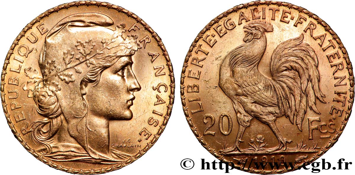20 francs or Coq, Liberté Égalité Fraternité 1910 Paris F.535/4 AU 