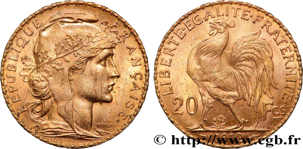 20 francs or Coq, Liberté Égalité Fraternité 1912 Paris F.535/6 TTB+ 