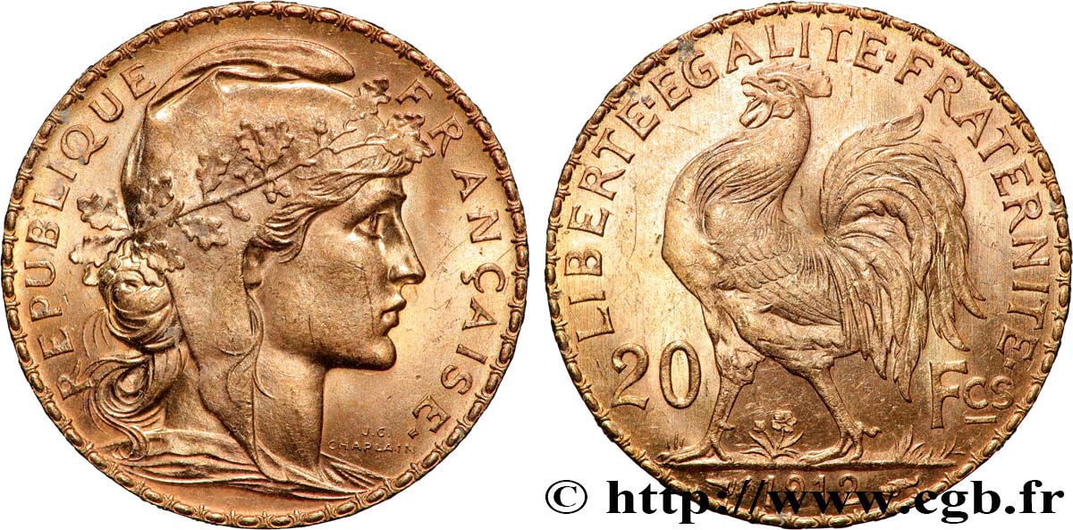 20 francs or Coq, Liberté Égalité Fraternité 1912 Paris F.535/6 SUP 