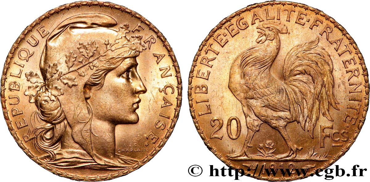 20 francs or Coq, Liberté Égalité Fraternité 1912 Paris F.535/6 SUP+ 