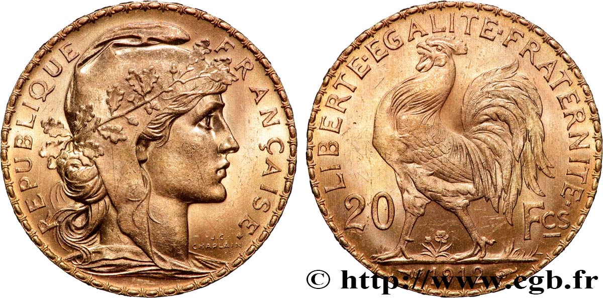 20 francs or Coq, Liberté Égalité Fraternité 1912 Paris F.535/6 SUP+ 