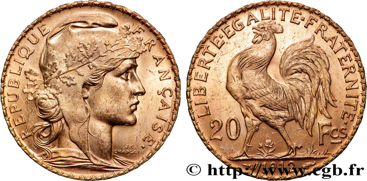20 francs or Coq, Liberté Égalité Fraternité 1912 Paris F.535/6 EBC+ 