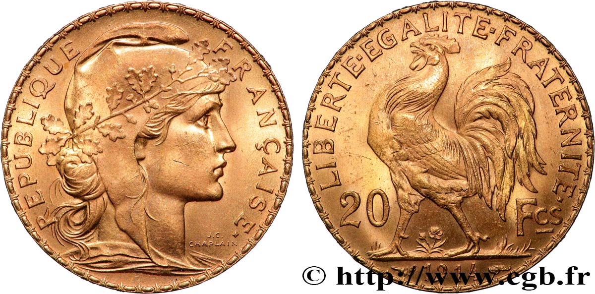 20 francs or Coq, Liberté Égalité Fraternité 1914 Paris F.535/8 MS 
