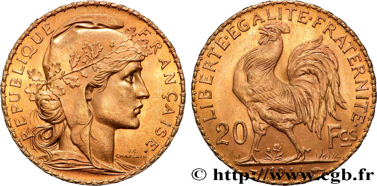 20 francs or Coq, Liberté Égalité Fraternité 1914 Paris F.535/8 SPL 