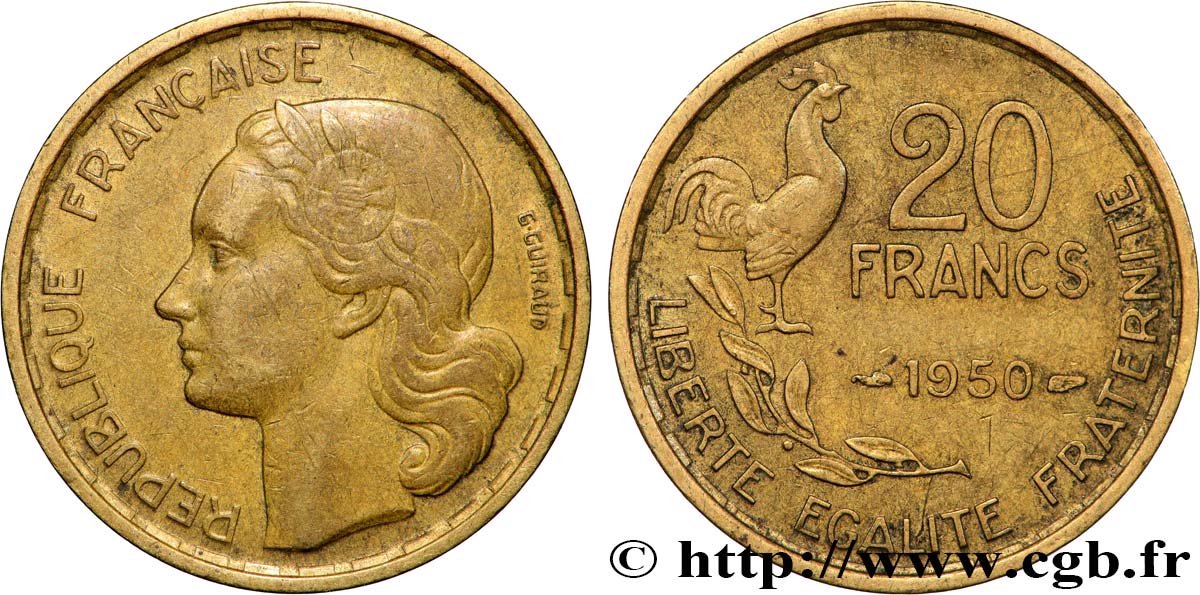 20 francs G. Guiraud, 4 faucilles 1950  F.402/3 TTB 
