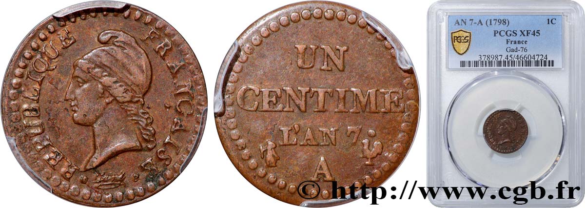 Un centime Dupré, 7 normal 1799 Paris F.100/15 AU58 PCGS