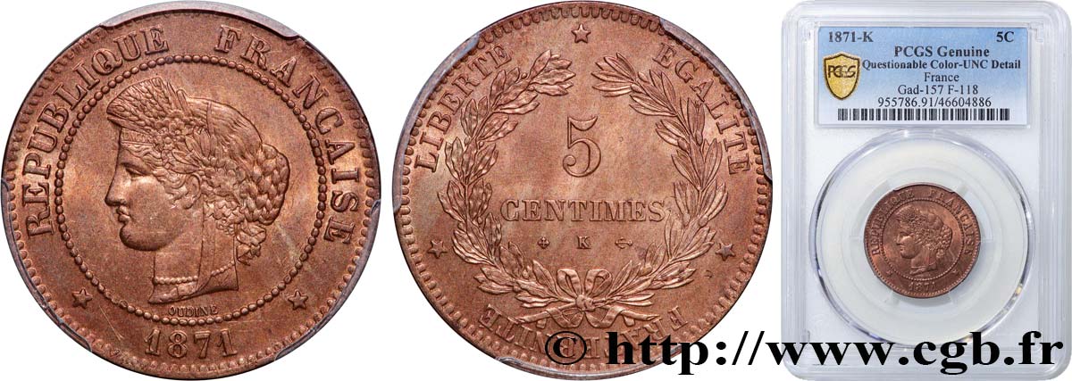 5 centimes Cérès 1871 Bordeaux F.118/3 SUP+ PCGS