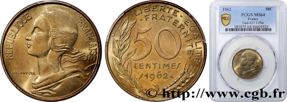 50 centimes Marianne, col à trois plis 1962 Paris F.197/2 SPL64 PCGS