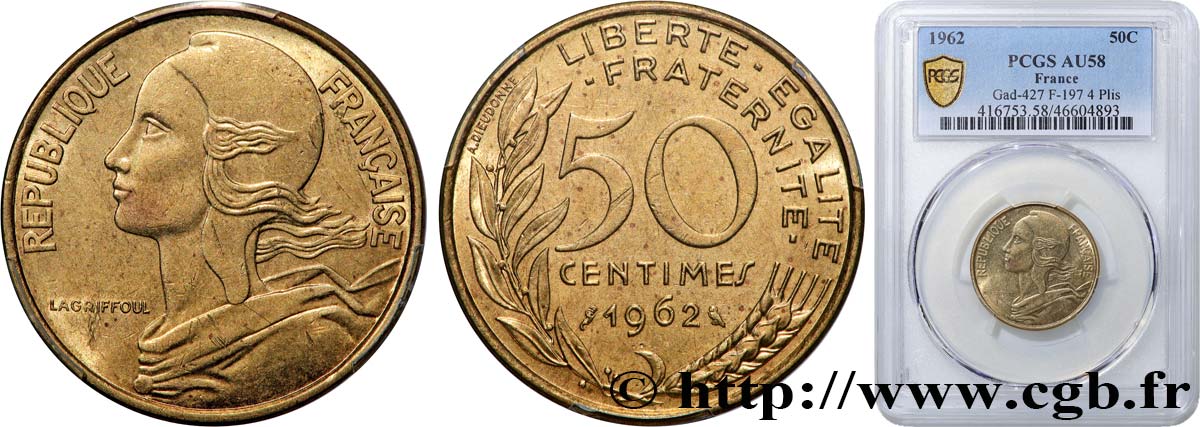 50 centimes Marianne, col à 4 plis 1962 Paris F.197/3 SUP58 PCGS