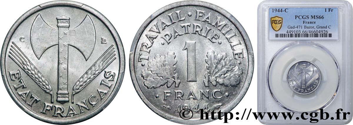 1 franc Francisque, légère 1944 Castelsarrasin F.223/7 FDC66 PCGS