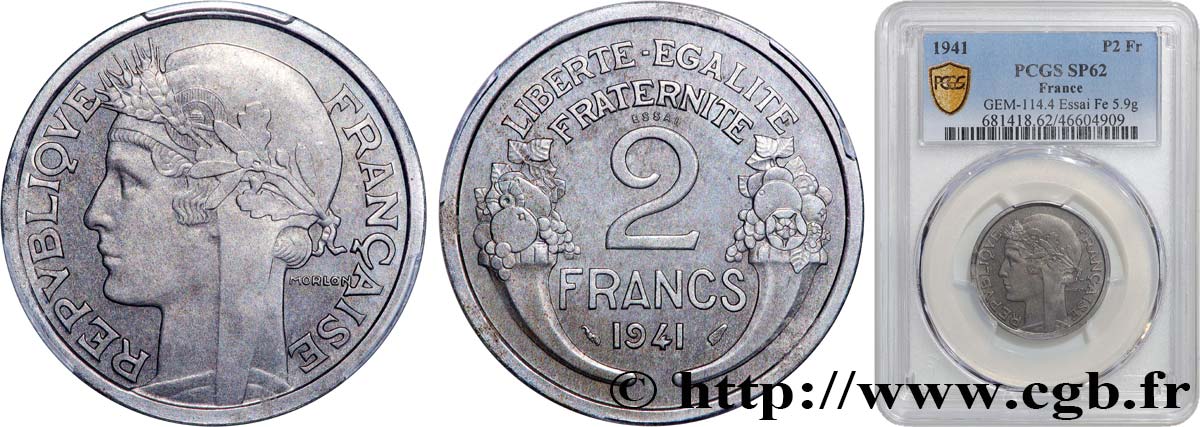 Essai en fer de 2 francs Morlon, flan épais 1941 Paris GEM.114 4 EBC62 PCGS