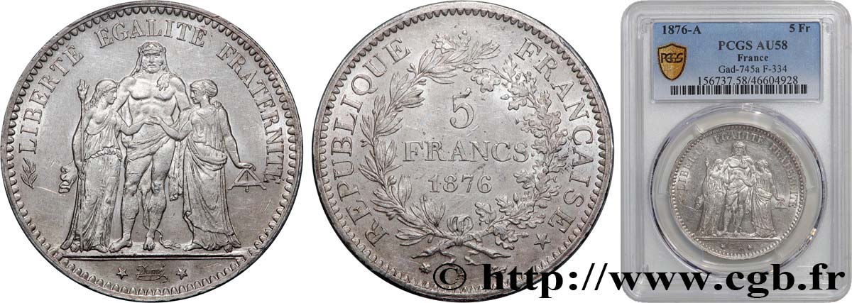 5 francs Hercule 1876 Paris F.334/17 SPL58 PCGS