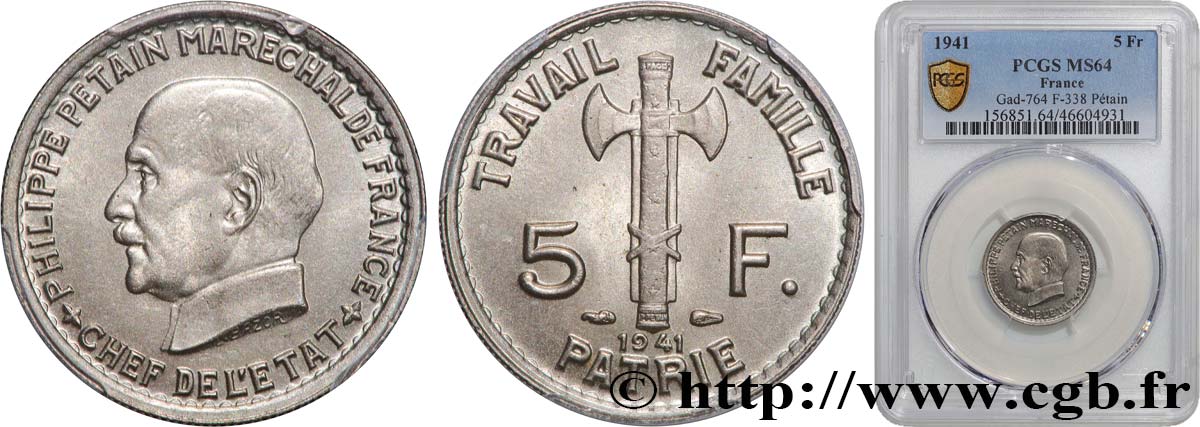 5 francs Pétain  1941  F.338/2 SPL64 PCGS