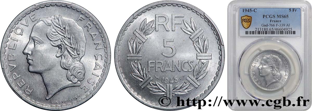 5 francs Lavrillier, aluminium 1945 Castelsarrasin F.339/5 FDC65 PCGS