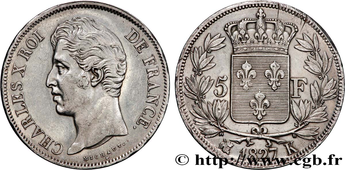 5 francs Charles X, 2e type 1827 Bordeaux F.311/7 XF 