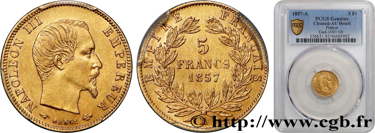 5 francs or Napoléon III, tête nue, grand module 1857 Paris F.501/4 MBC+ PCGS