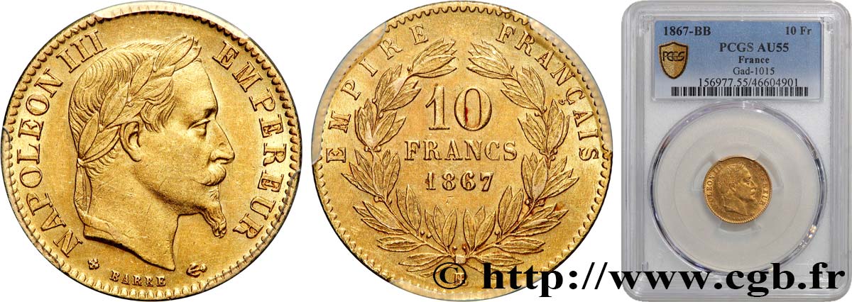 10 francs or Napoléon III, tête laurée, type définitif à grand 10 1867 Strasbourg F.507A/16 AU55 PCGS