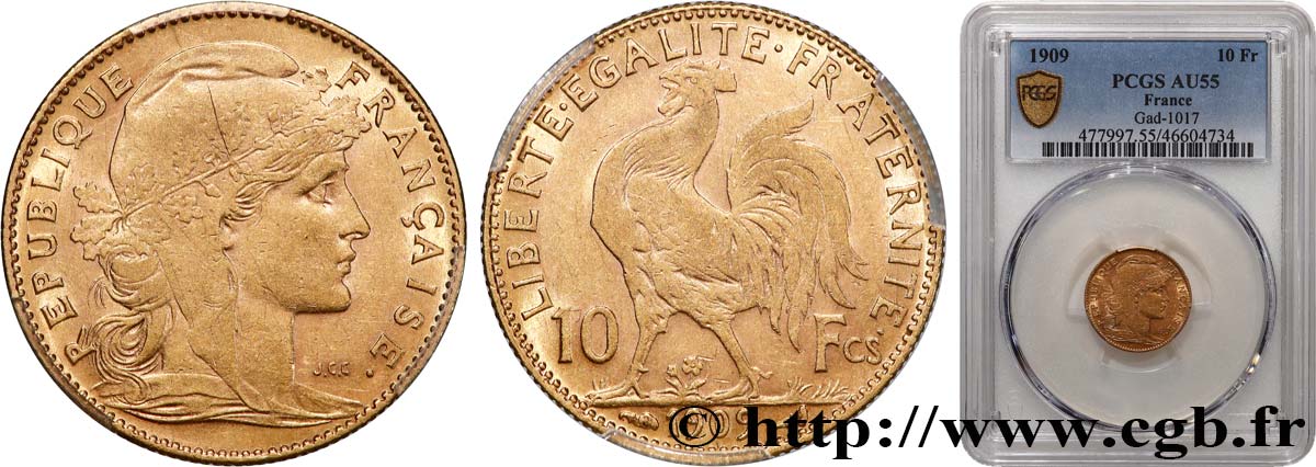10 francs or Coq 1909 Paris F.509/10 AU55 PCGS