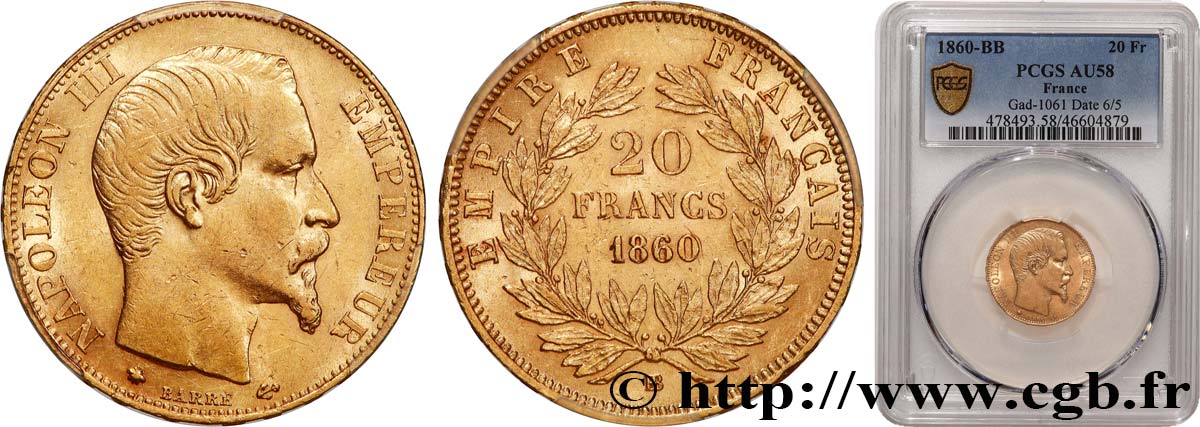 20 francs or Napoléon III, tête nue 1860 Strasbourg F.531/19 SUP58 PCGS