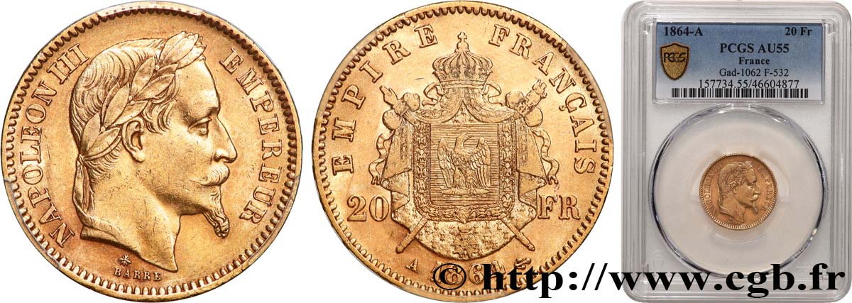 20 francs or Napoléon III, tête laurée 1864 Paris F.532/8 AU55 PCGS