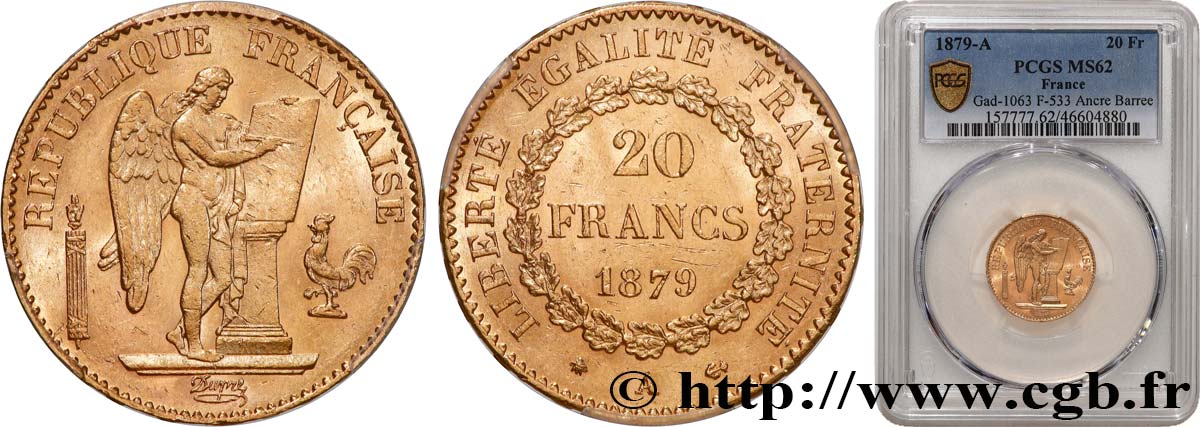 20 francs génie, Troisième république 1879 Paris F.533/8 SUP62 PCGS