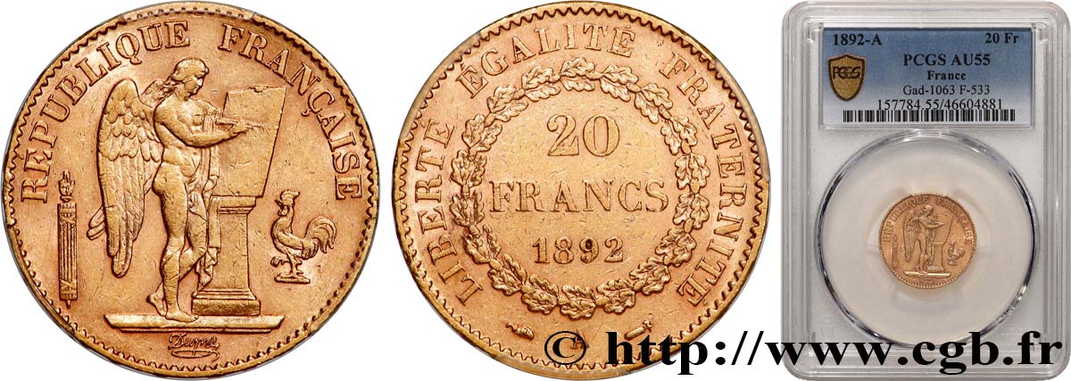 20 francs or Génie, Troisième République 1892 Paris F.533/16 AU55 PCGS