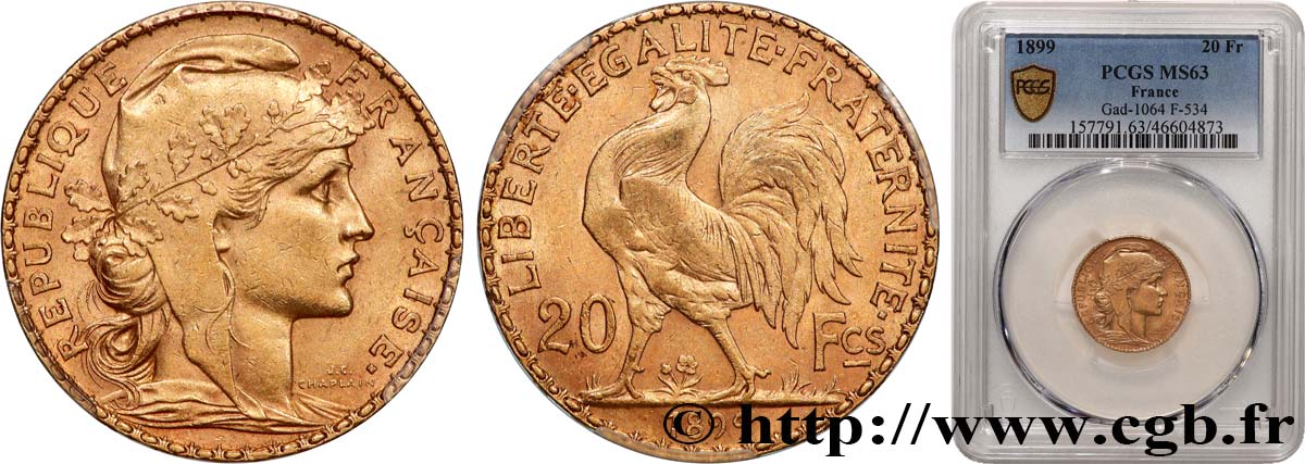 20 francs or Coq, Dieu protège la France 1899 Paris F.534/2 MS63 PCGS