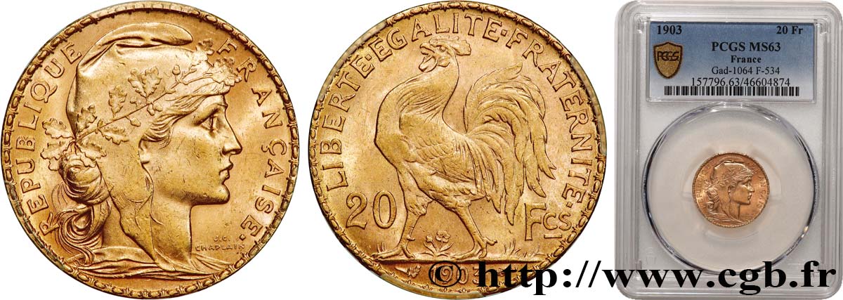 20 francs or Coq, Dieu protège la France 1903 Paris F.534/8 MS63 PCGS