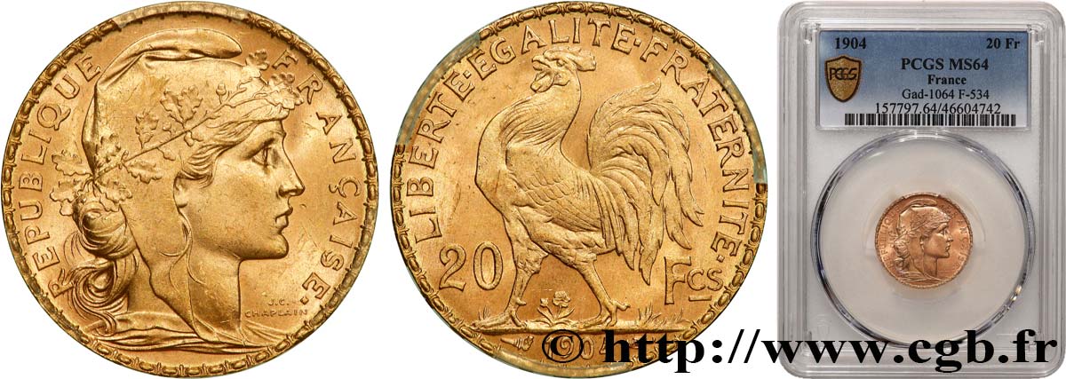 20 francs or Coq, Dieu protège la France 1904 Paris F.534/9 MS64 PCGS