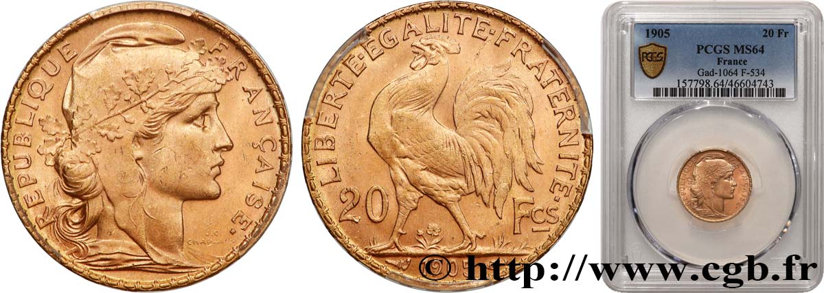 20 francs or Coq, Dieu protège la France 1905 Paris F.534/10 SPL64 PCGS
