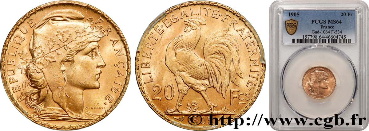 20 francs or Coq, Dieu protège la France 1905 Paris F.534/10 SPL64 PCGS