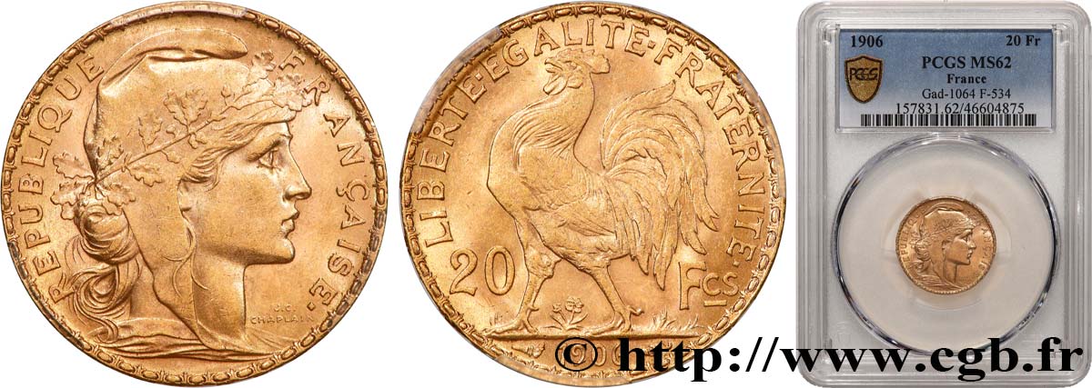 20 francs or Coq, Dieu protège la France 1906 Paris F.534/11 MS62 PCGS