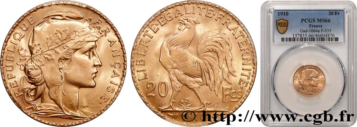 20 francs or Coq, Liberté Égalité Fraternité 1910 Paris F.535/4 MS66 PCGS