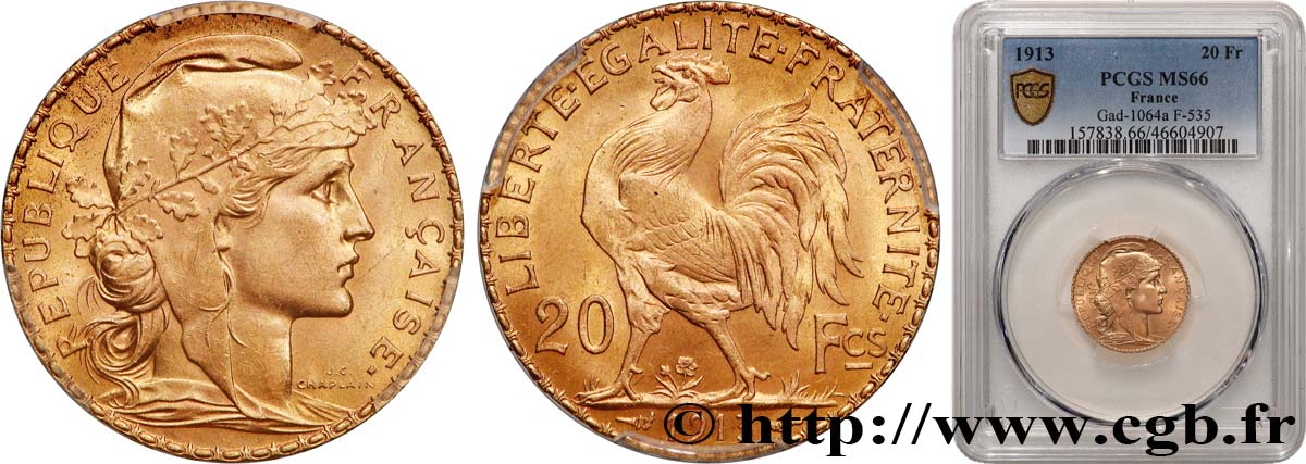 20 francs or Coq, Liberté Égalité Fraternité 1913 Paris F.535/7 MS66 PCGS