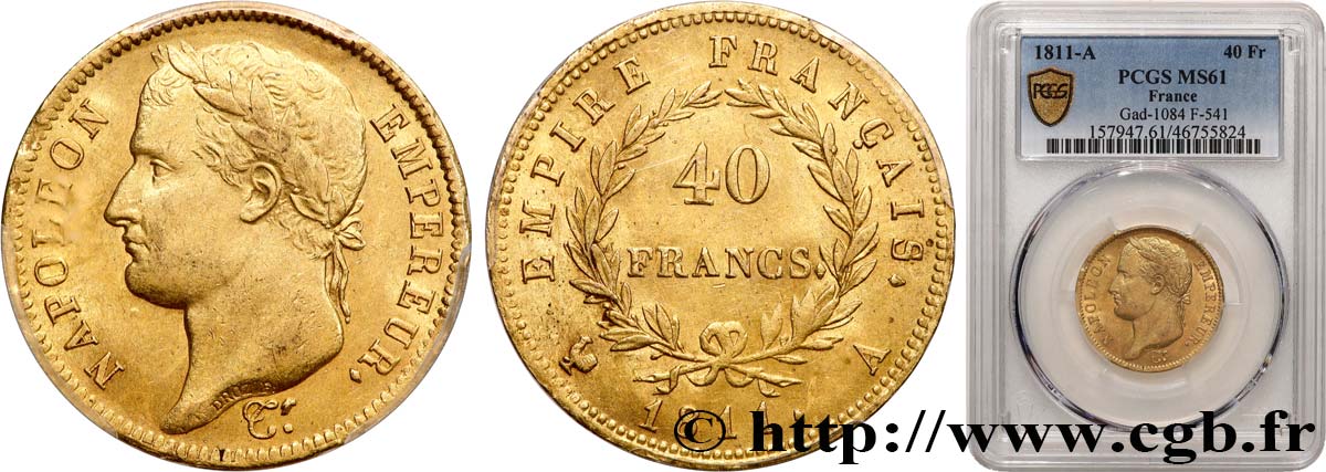 40 francs or Napoléon tête laurée, Empire français, Tranche Fautée 1811 Paris F.541/6 SUP61 PCGS