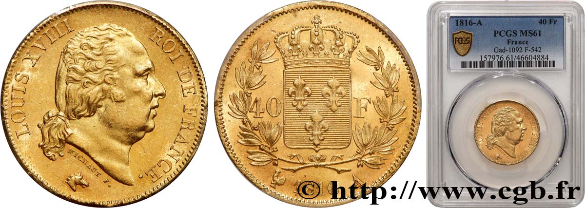 40 francs or Louis XVIII 1816 Paris F.542/1 SUP61 PCGS