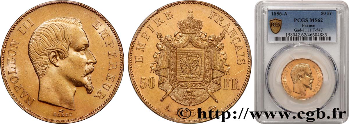 50 francs or Napoléon III, tête nue 1856 Paris F.547/3 MS62 PCGS