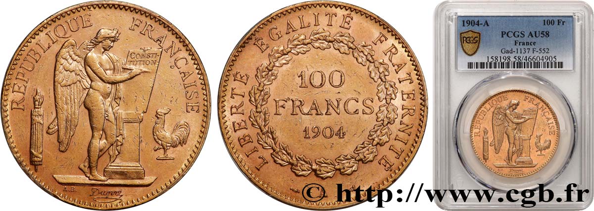 100 francs génie, tranche inscrite en relief Dieu protège la France 1904 Paris F.552/17 AU58 PCGS